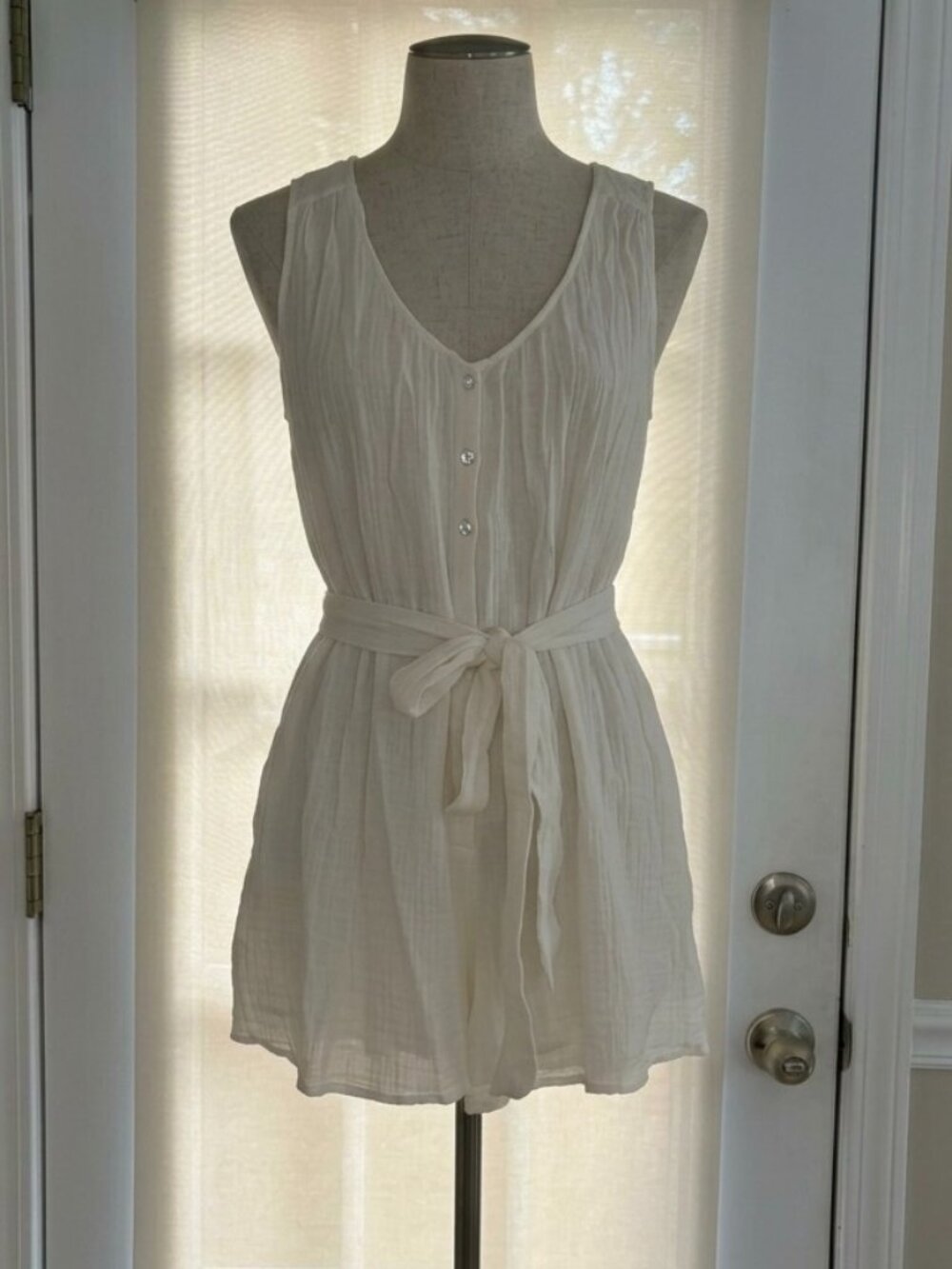 Boho White Sleeveless Button Front Belted Mini Dress